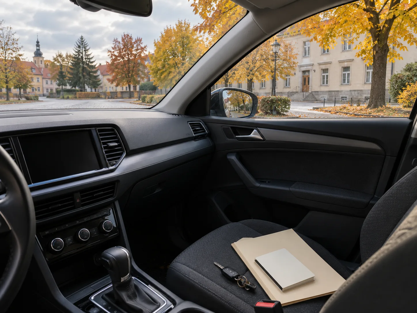 Салон припаркованого автомобіля: на пасажирському сидінні тека з документами, блокнот і ключі; за вікном — осіння вулиця чеського міста з жовтим листям