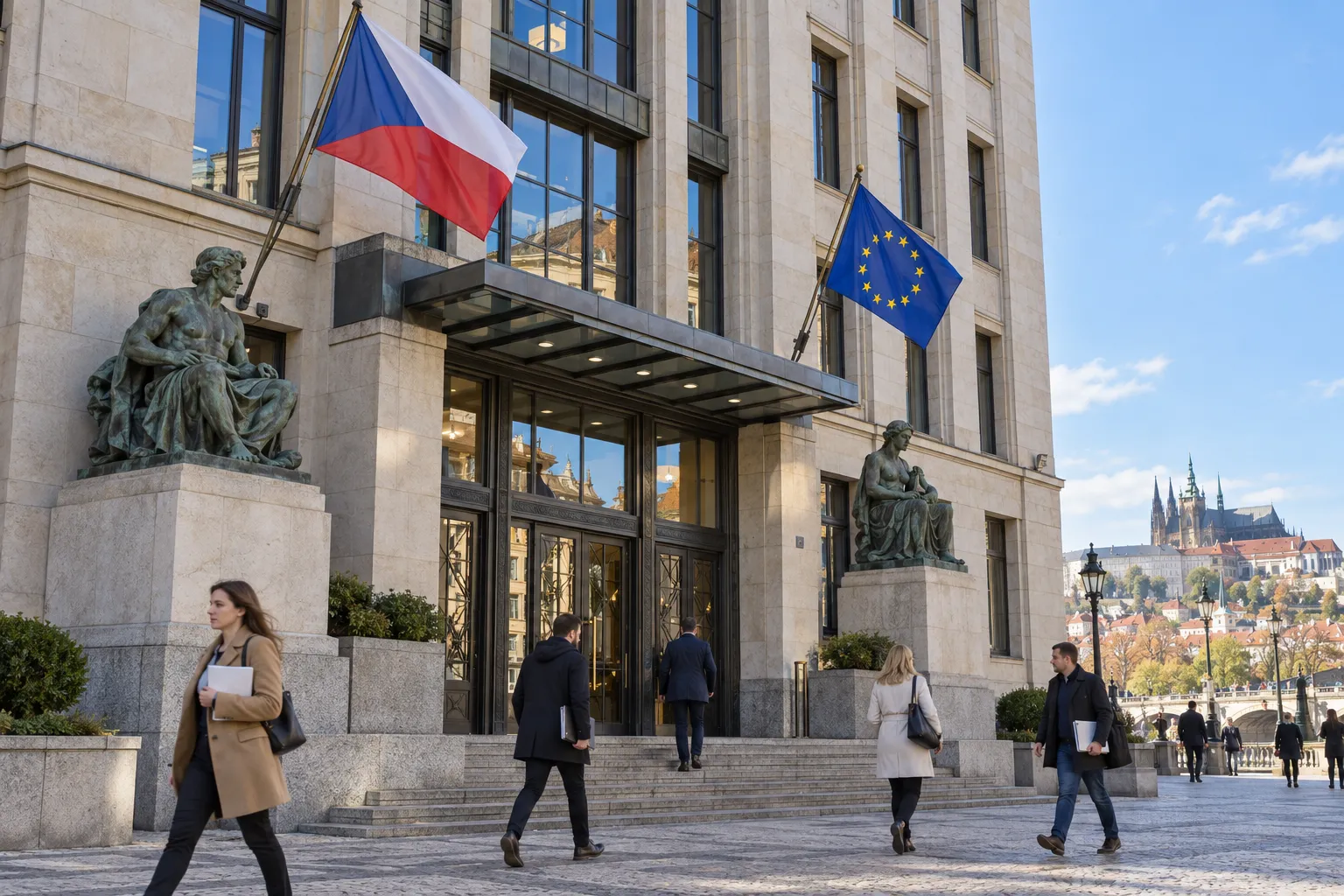 Будівля державного відомства в Празі з прапорами Чехії та ЄС, люди з теками для документів перед входом